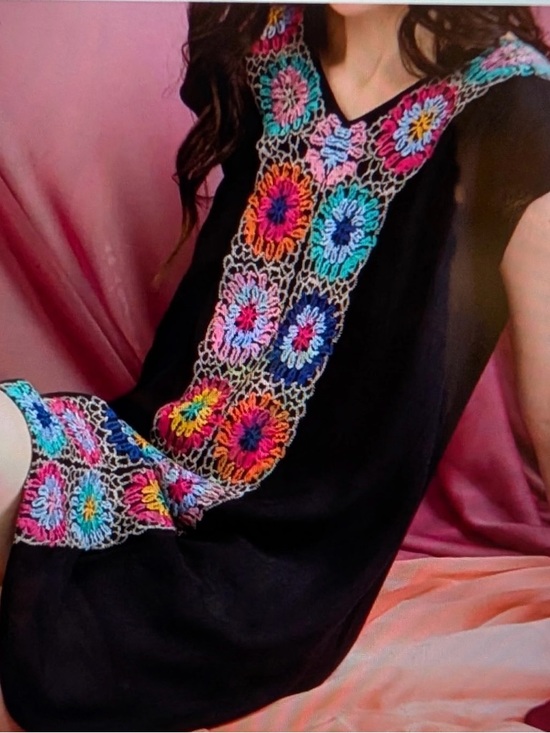THML Dresses & Skirts - THML Black Mini Dress with Multicolor Crochet Floral Panels